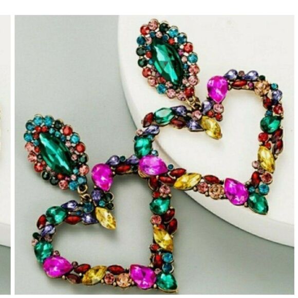 Gold Tone Multi-Color Heart Shape Glass Crystal Dangle Statement Earrings - Picture 3 of 7